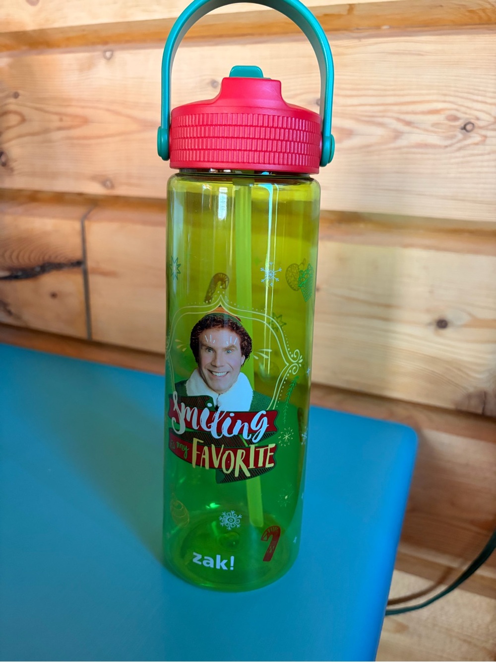 ELF Green Holiday-Theme Water Bottle with Pink Lid and Teal Handle